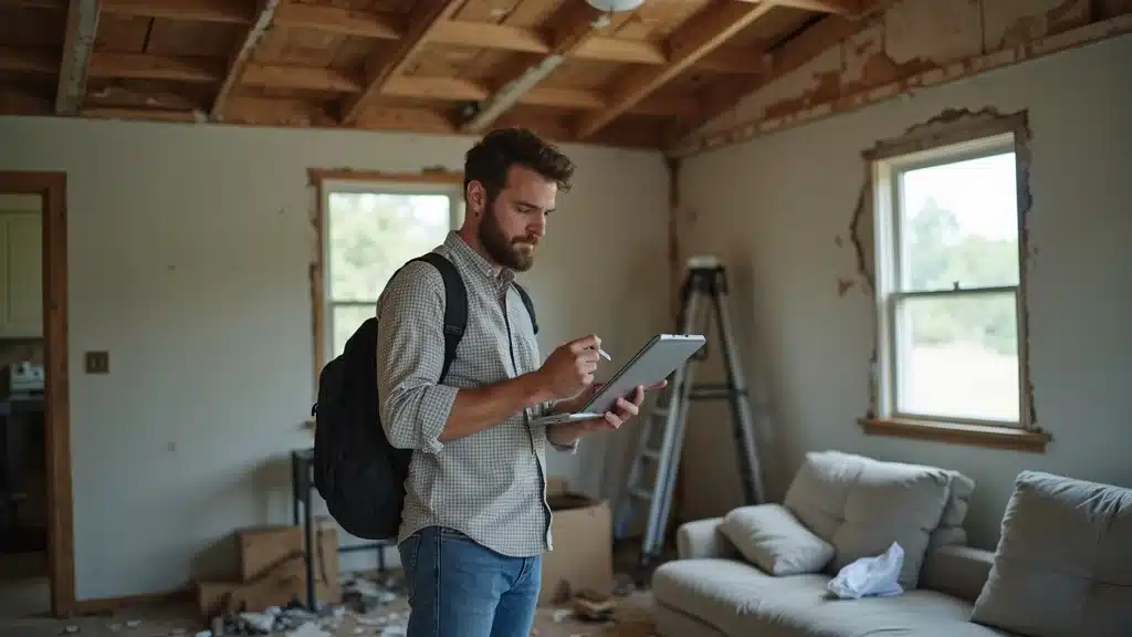 Insurance adjuster inspecting a storm-damaged Lexington SC home, taking tablet photos and notes, photorealistic, accurate detail