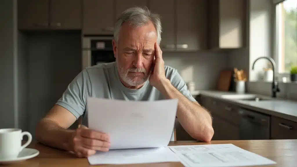 Concerned Lexington resident reviewing insurance bill at kitchen table, highlighting the stress of poor credit on insurance premiums