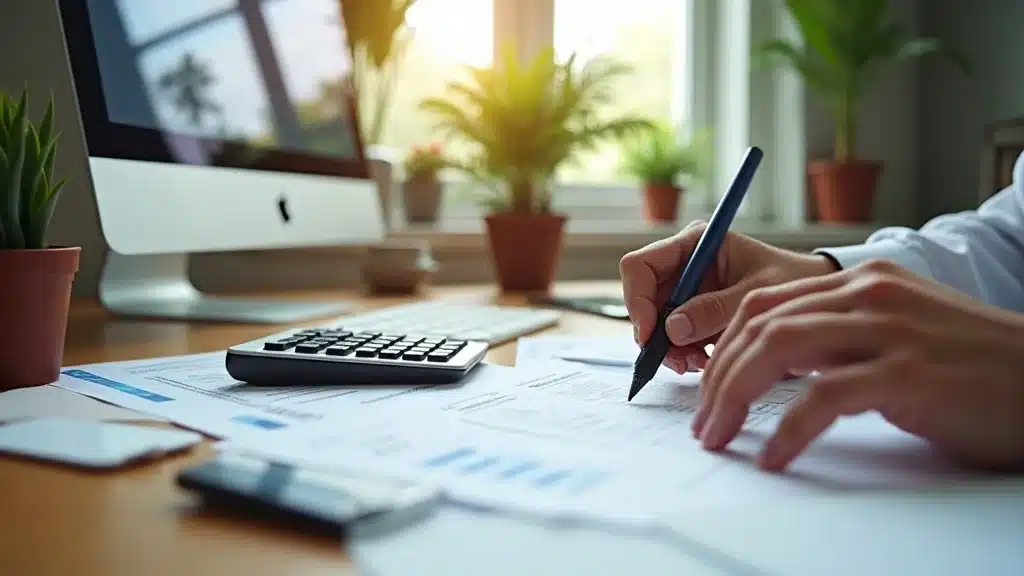 Homeowner reviewing insurance policy paperwork with a checklist and calculator, palm trees seen through the window, photorealistic