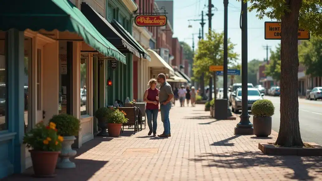A couple walks along a sunny, brick-paved sidewalk on a small town main street, passing shops with green awnings and potted plants. Cars are parked along the road and street signs are visible.