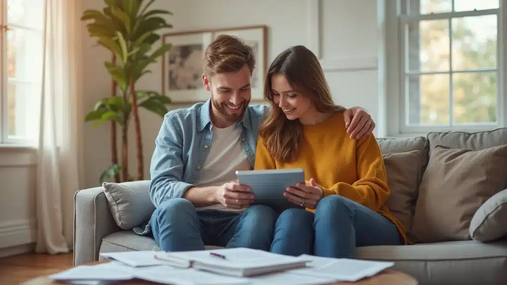 Modern Lexington SC apartment with couple reviewing renters insurance policy