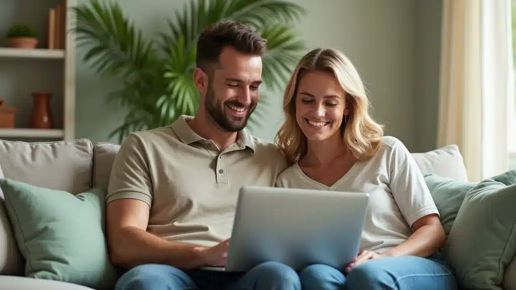 Happy Lexington SC couple switching car insurance companies online, laptop review