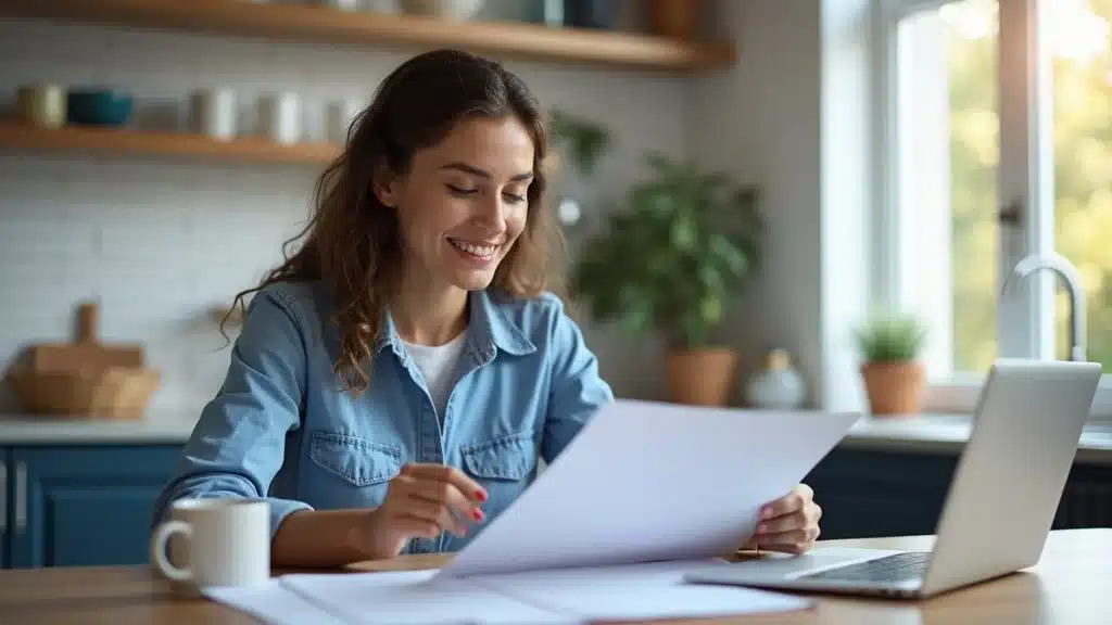 A woman sits at a kitchen table, smiling as she looks at papers in her hand. A laptop, coffee mug, and more papers are on the table. The kitchen background includes shelves, plants, and a window letting in natural light.